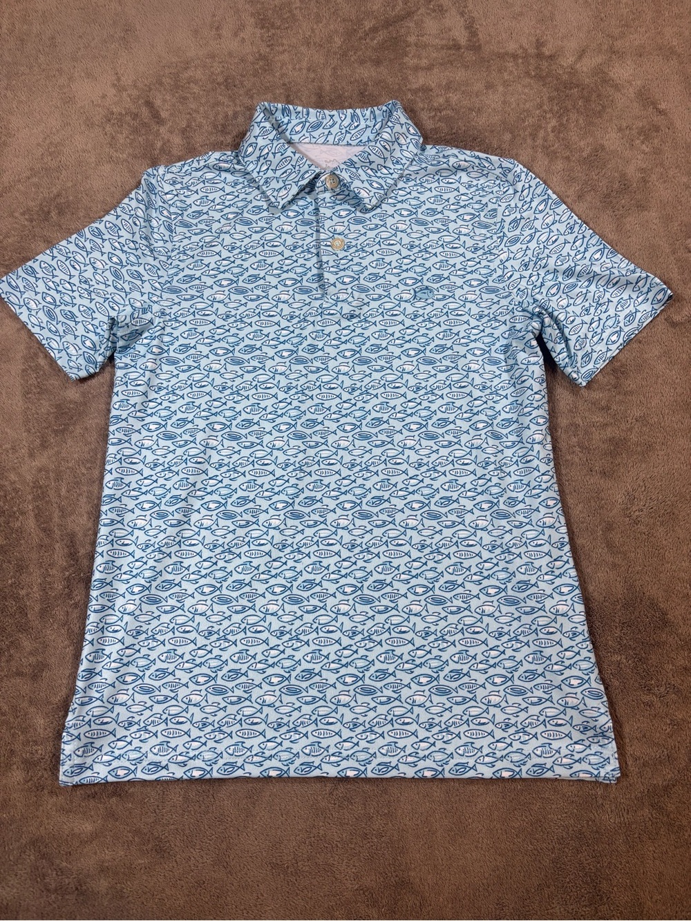 Southern Tide Performance Light Blue Polo with Navy Fish Print Boys Medium 8-10